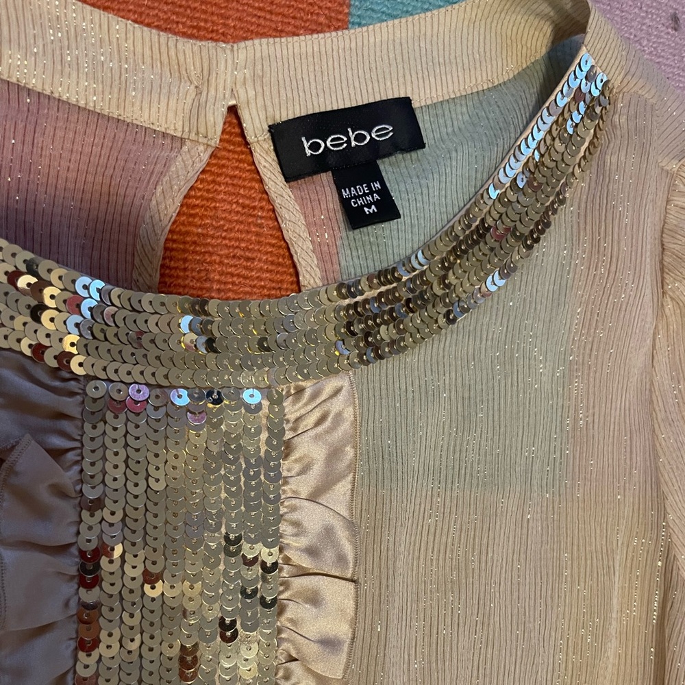 Bebe Embellished Sheer Gold Top